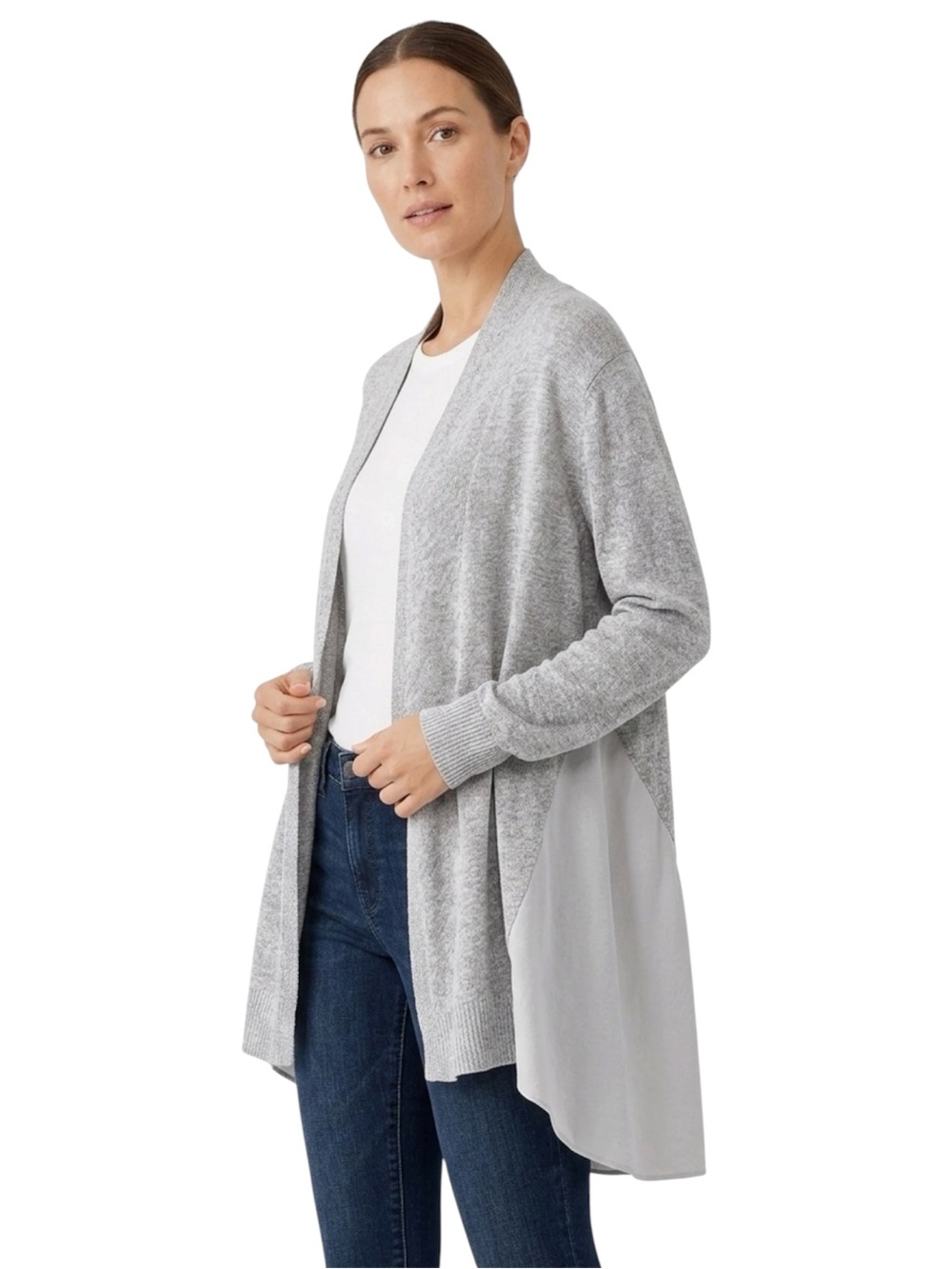Eileen Fisher Heather Grey Silk and Linen Blend Knit Cardigan Size XL
